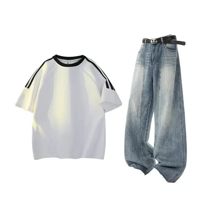 梓润格 夏季纯棉三条杠插肩短袖日常青春学生百搭通勤气质洋气高颜值时尚潮流美式氛围感复古阔腿宽松高街牛仔裤休闲运动套装 男女同款