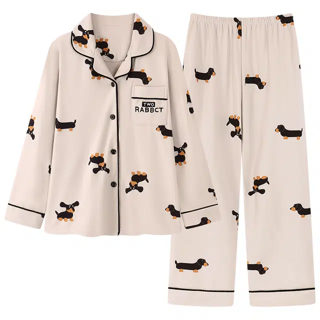 俏霓桐 秋冬季可爱卡通甜美开衫翻领保暖德绒蓄温简约舒适长袖长裤家居服可外穿睡衣套装 女款