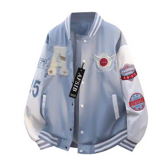 艾梵斯贝 美式复古潮流印花毛巾刺绣撞色长袖无性别主义单排扣落肩棒球服飞行员学院风设计感潮酷高街风情侣款夹克 男女同款