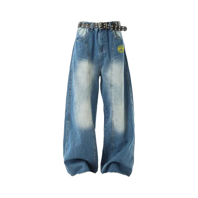 普鲁士多特蒙德 美式复古水洗做旧长裤男款秋季闪电纹阔腿裤宽松廓形弯刀休闲牛仔裤 男女同款