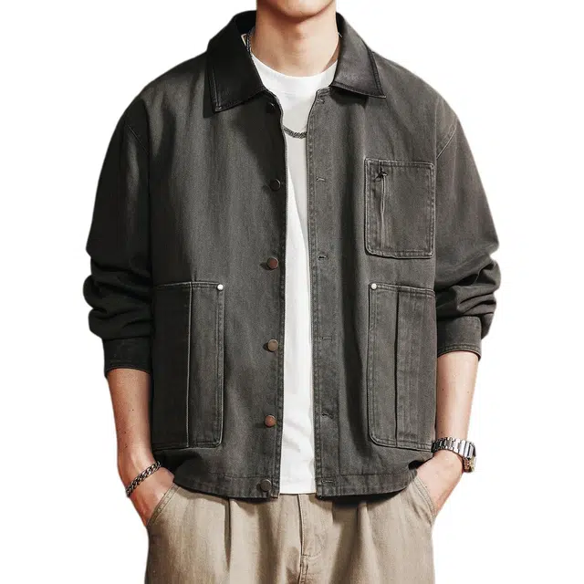 格蓝鹿 美式潮流复古阿美咔叽风工装多口袋宽松长袖潮牌痞帅休闲户外出行穿搭翻领上衣夹克外套 男款