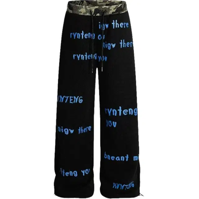 爱肯 美式复古个性字母图案设计迷彩拼接撞色高腰长裤 韩版学院高街辣妹甜酷风宽松显瘦时尚百搭直筒阔腿拖地休闲裤 男女同款