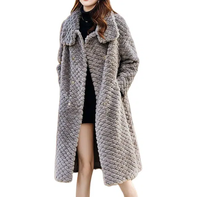 邓大喵 秋冬外套女中长款毛绒高档百搭宽松女风衣网红大衣潮皮草 女款