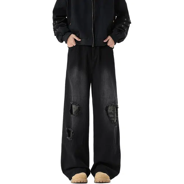 华夏儿女 美式复古破洞男宽松阔腿裤子牛仔裤 男女同款