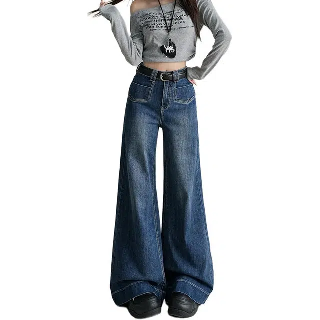 如续 复古不贴腿微喇美式高腰垂感小众前口袋遮胯阔腿喇叭牛仔裤 女款