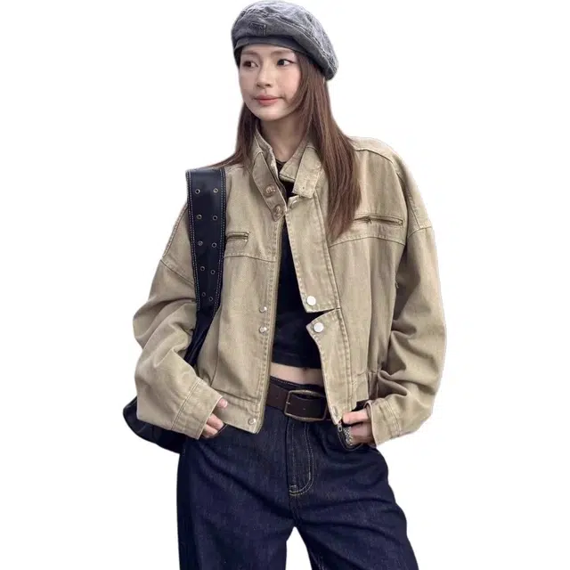 思蓓儿 美式复古工装风短款外套秋季甜酷风宽松休闲立领机车夹克 女款