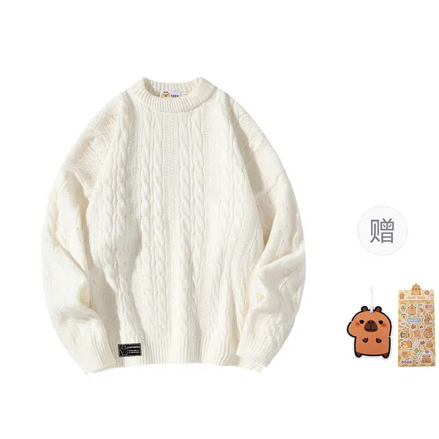 卡皮巴拉小黄豚 纯色简约复古学院风软糯慵懒感麻花纹理潮流基础品牌标百搭宽松舒适高级感情侣休闲落肩圆领保暖亲肤打底衫长袖毛衣 男女同款