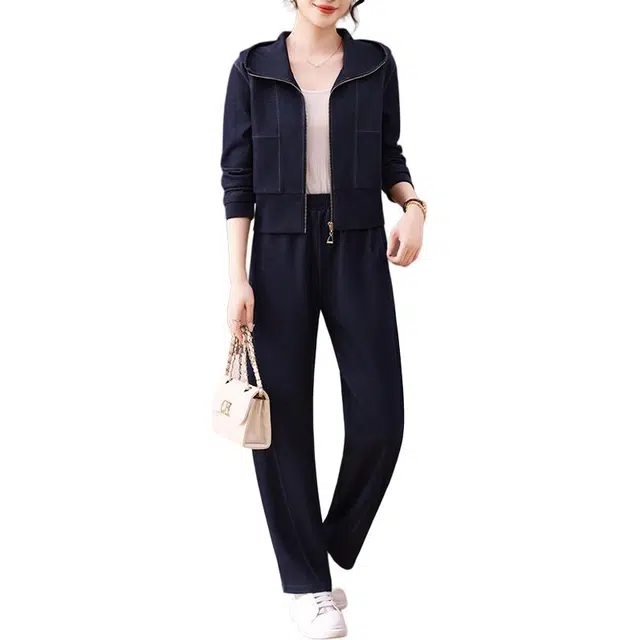 缪斯的诱惑 静默复古风简约纯色棉质牛仔条连帽开衫外套高腰阔腿裤两件套小众设计高质感优雅知性气质百搭显高显瘦时尚卫衣运动休闲套装 女款