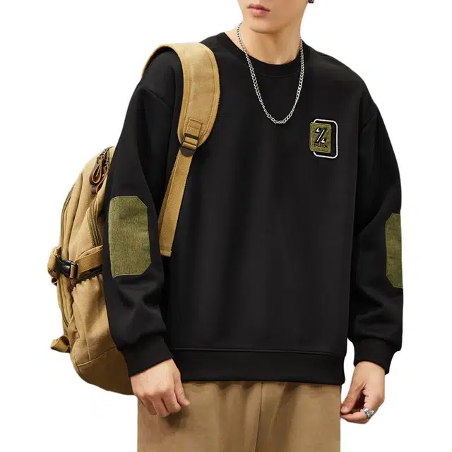 协协乐 美式圆领套头重磅春秋季上衣打底衫长袖时尚个性刺绣字母补丁宽松潮牌小众设计款卫衣 男款