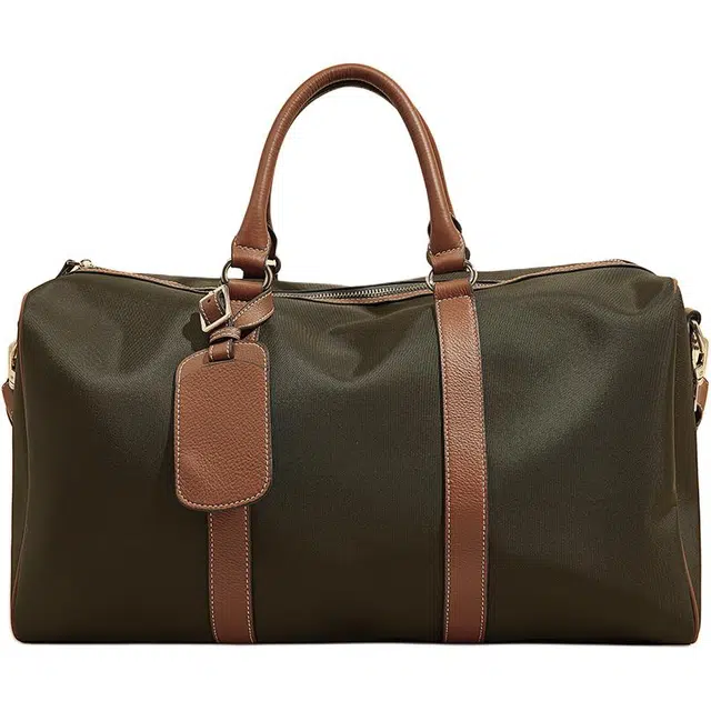 老人头 经典时尚潮流印花高级质感通勤出差行李袋健身手提包 织物拼牛皮革 旅行包 男女同款情侣款 军绿色