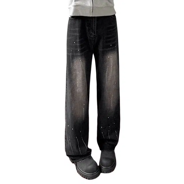 海尔斯 休闲美式喷墨宽松直筒牛仔裤 男款