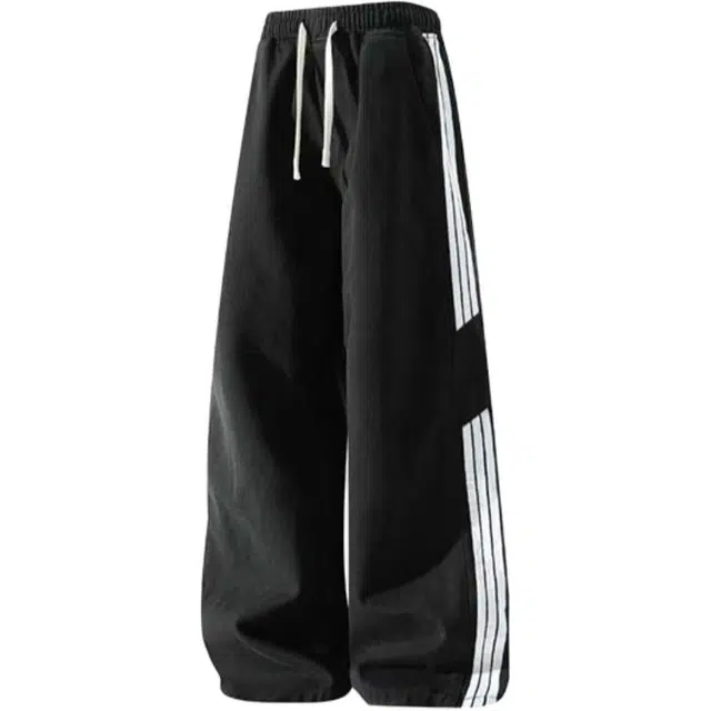 爱肯 美式高街复古薄款水洗做旧多元素融合休闲直筒宽松条纹撞色拼接垂感阔腿刺绣抽绳松紧腰时尚日常通勤简约舒适百搭牛仔裤 男女同款