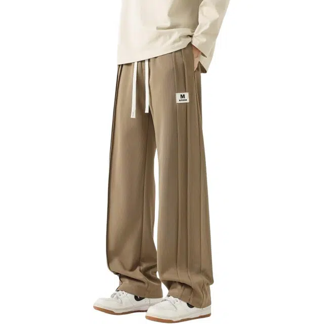 左岸 港风时尚帅气潮流简约纯色字母绣标棉质针织运动卫裤宽松直筒长裤柔软舒适轻便透气垂感阔腿裤春秋季休闲裤 男款