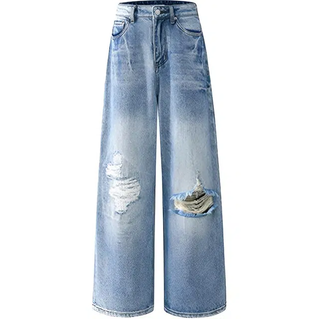 极限涡轮 美式复古高街破洞窄版直筒裤高腰小众宽松休闲百搭乞丐阔腿拖地裤牛仔裤 男女同款