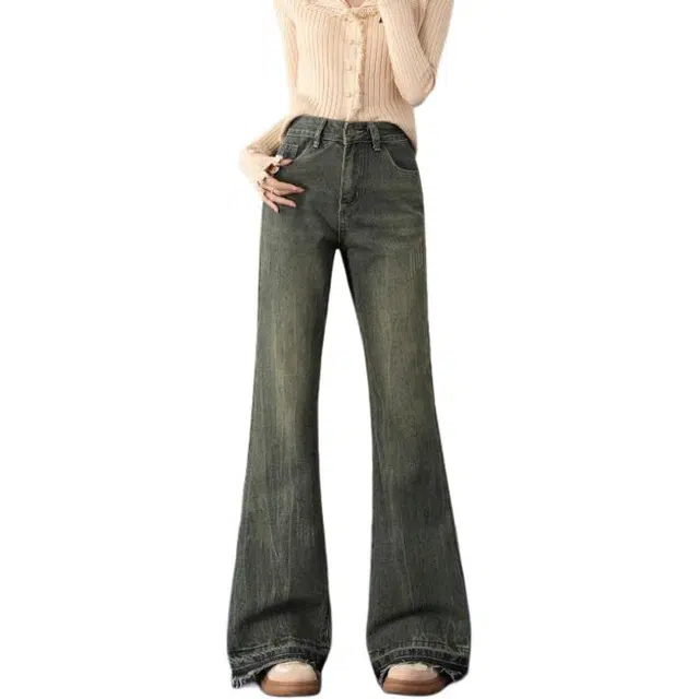 法文箱子 设计感修身高腰显瘦阔腿微喇牛仔裤 女款