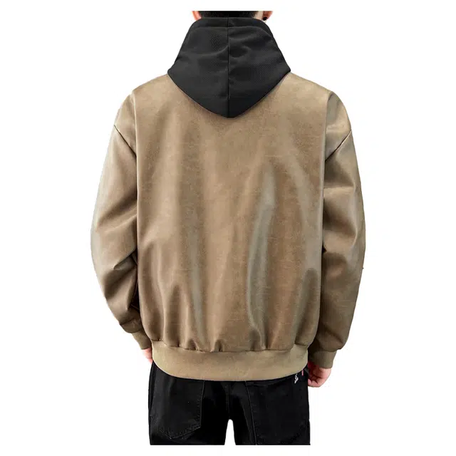 太子龍 美式潮流百搭加绒加厚高级感潮牌痞帅连帽假两件机车服外衣皮衣 男款