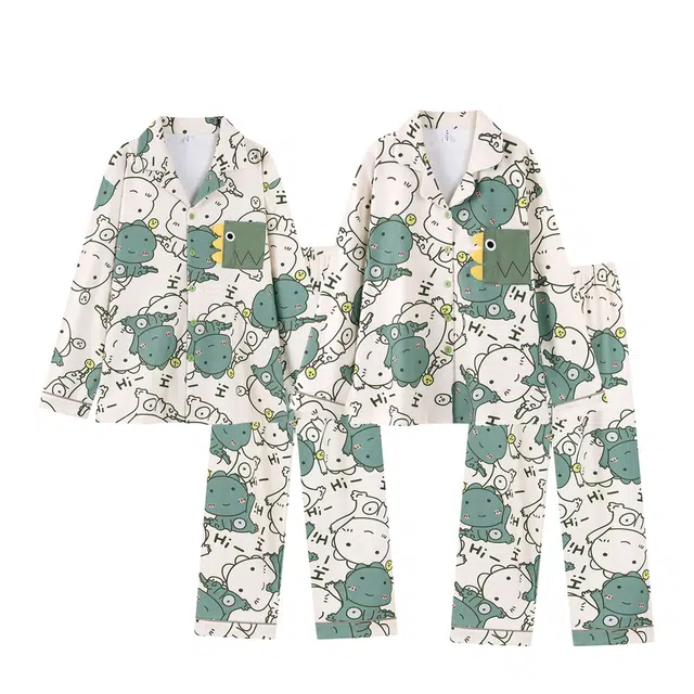 俏韵 翻领卡通小恐龙秋冬季德绒保暖长袖长裤甜美印花可爱舒适家居服可外穿睡衣套装 男女同款