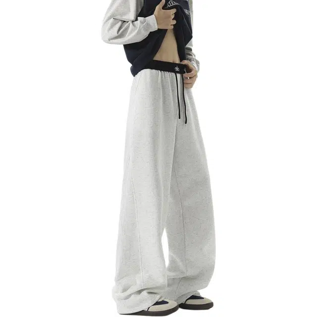 尘映 美式潮牌高街垂感情侣百搭字母刺绣校园穿搭微阔腿抽绳显高运动通勤长裤宽松纯色直筒卫裤子工装裤 男女同款