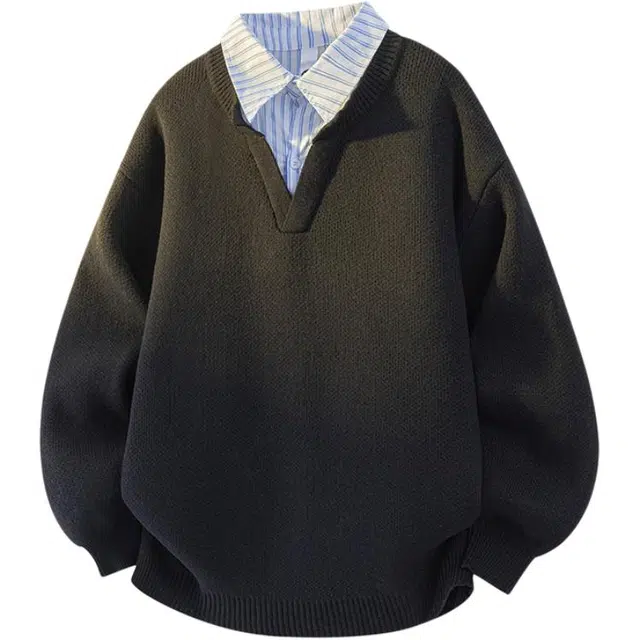 欧迪芬 港式情侣款奶黄色复古假两件衬衫立领上衣秋季毛衣女生美式宽松高街百搭休闲外套卫衣女士慵懒简约纯色显瘦潮流潮牌学生毛衣 女款