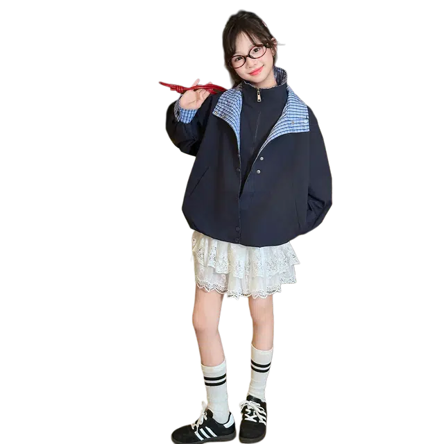 帕兰朵上装 女童时尚外套春秋儿童洋气时髦中大童韩系双领拼格子风衣 青少年