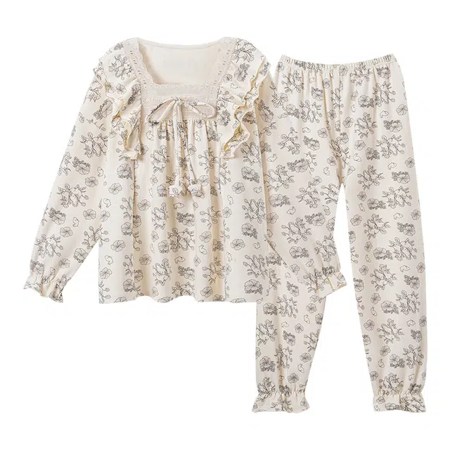 俏佳人 带胸垫圆领套头公主风花卉休闲宽松家居服舒适透气长袖长裤可外穿睡衣套装 女款