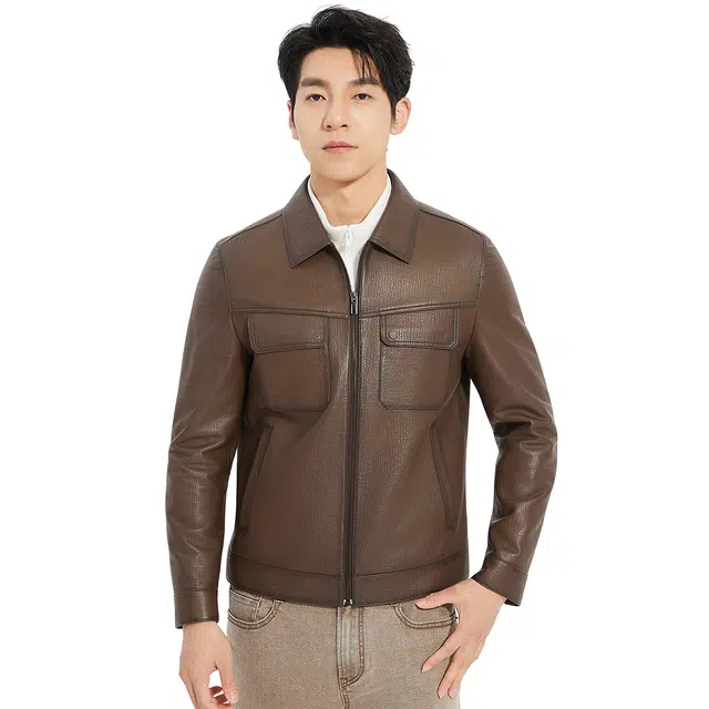 利郎 都市休闲纯色短款翻领质感百搭秋季皮衣 男款
