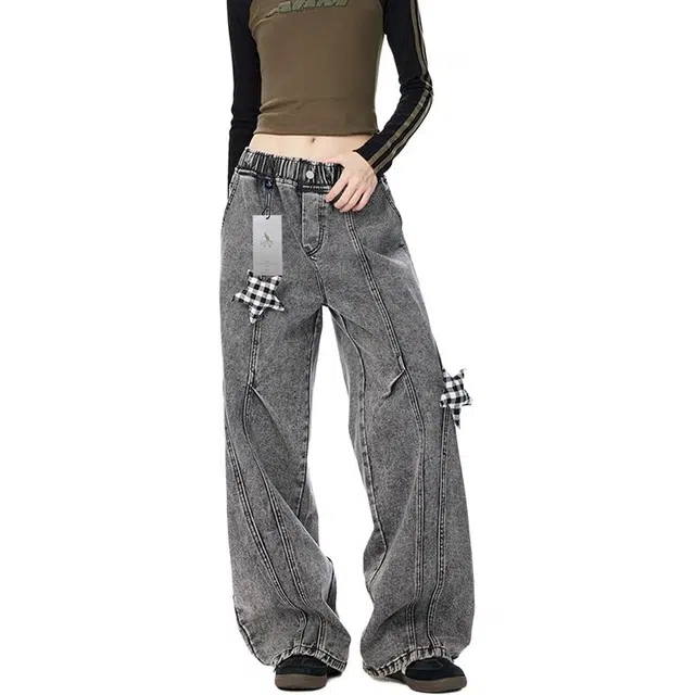 袋鼠 高个子加长版型长裤美式复古显瘦百搭基础款通勤阔腿裤高街渐变水洗时尚潮款休闲牛仔裤 男女同款