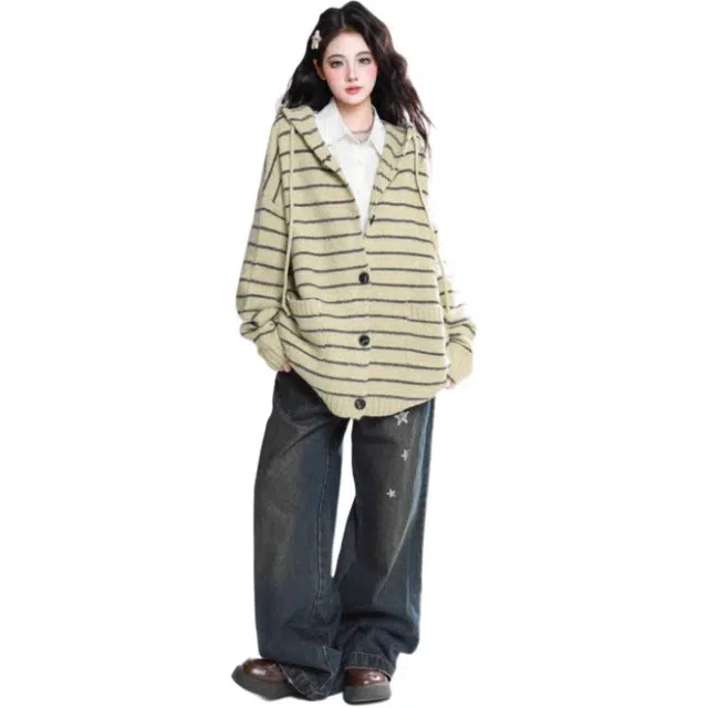 黛尔佳人 韩系条纹连帽外套女中长款慵懒风秋冬长袖宽松撞色开衫潮针织衫 女款
