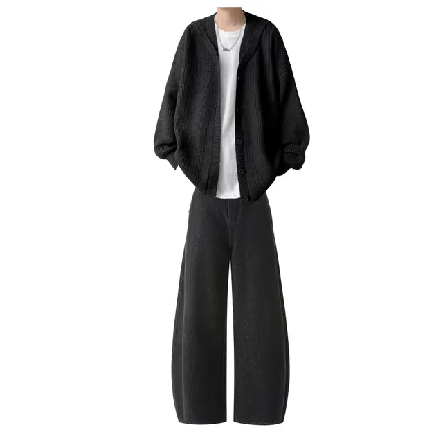 梓润格 美式复古高街个性欧诺风设计简约潮流舒适百搭宽松落肩长袖上衣通勤痞帅显高显瘦阔腿牛仔裤垂感毛衣休闲运动套装 男女同款