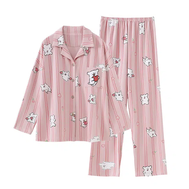 俏佳人 开衫翻领条可爱卡通爱心小狗休闲宽松家居服舒适透气长袖长裤睡衣套装 女款