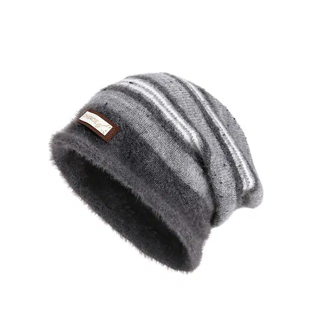 山一丸 韩版秋冬帽子条纹大头围显脸小堆堆帽护耳防风套头帽 聚酯纤维 绒线帽 女款