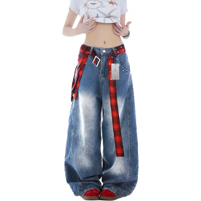 袋鼠 高个子加长版型长裤美式复古显瘦百搭基础款通勤阔腿裤高街格子裙摆腰封水洗弯刀裤牛仔裤 男女同款