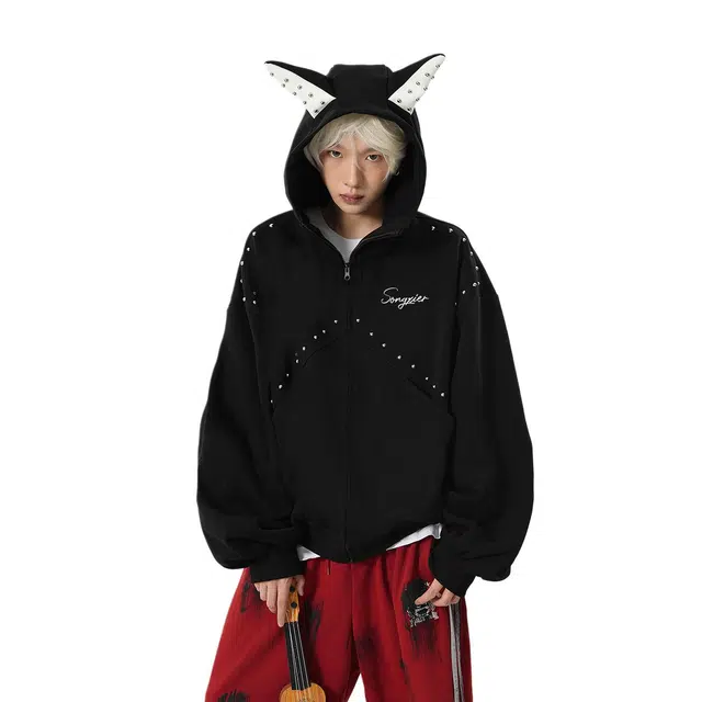 颂希尔 美式铆钉杜宾犬耳朵小众百搭重磅连帽秋季宽松甜酷风设计感短款开衫外套卫衣 男女同款