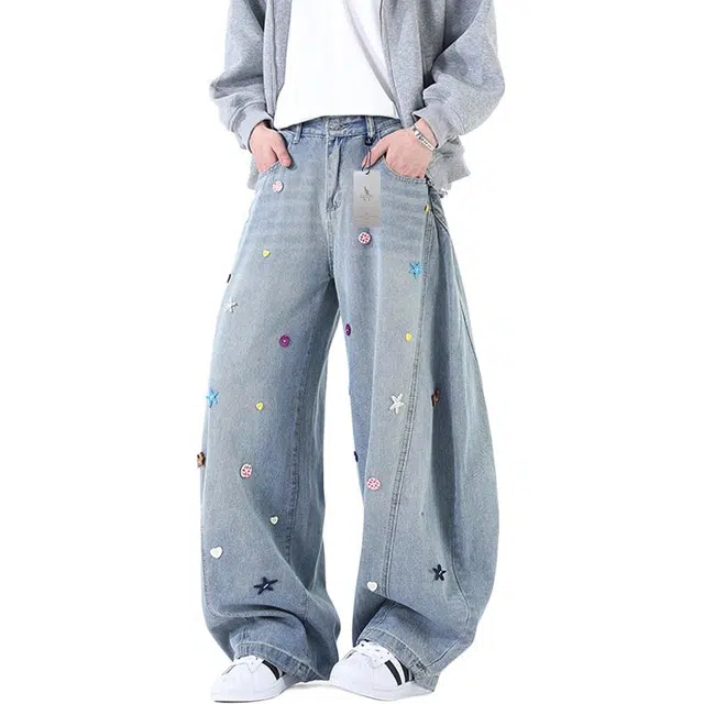 袋鼠 高个子加长版型长裤美式复古显瘦百搭基础款通勤阔腿裤高街弯刀裤牛仔裤 男女同款