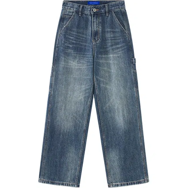 帝狼牛 美式复古港风抓纹设计感纯色阔腿牛仔裤  男女同款