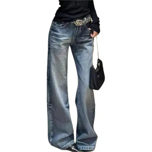 么宁 高个子加长复古低腰阔腿微喇水洗宽松不贴腿拖地裤子牛仔裤 女款