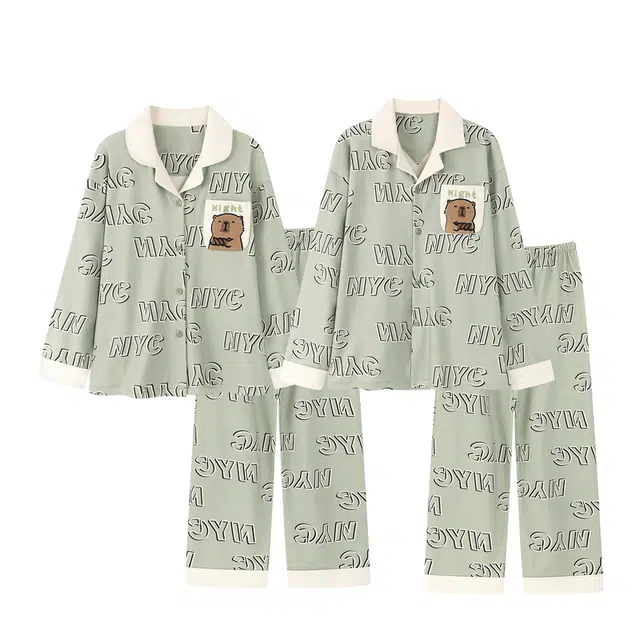 俏韵 翻领卡通秋冬季德绒保暖长袖长裤甜美印花可爱舒适家居服可外穿睡衣套装 男女同款