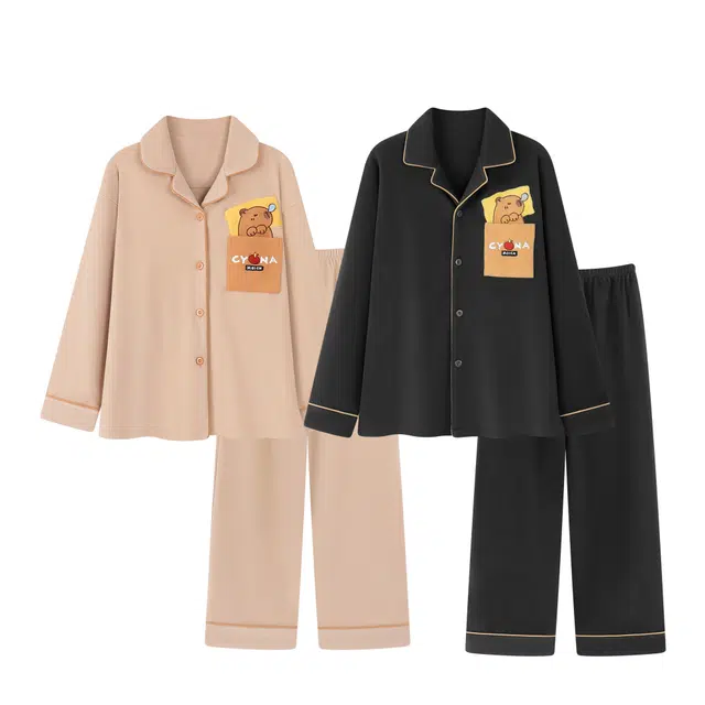 俏韵 翻领卡通秋冬季德绒保暖长袖长裤甜美可爱舒适家居服可外穿睡衣套装 男女同款