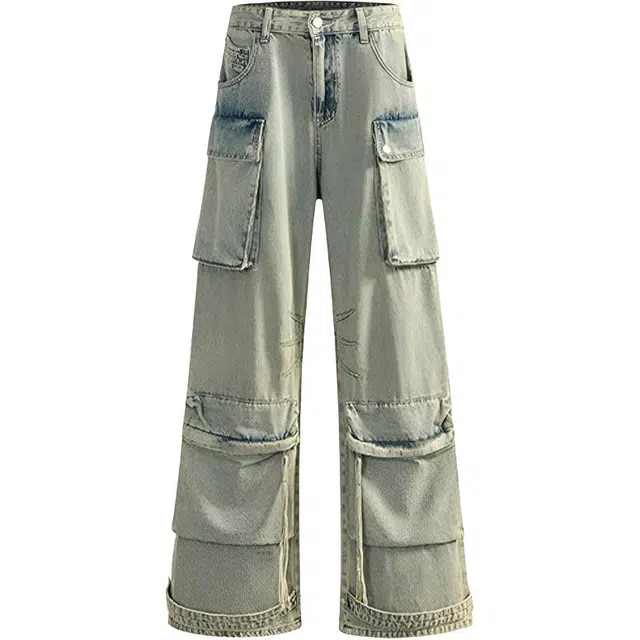 极限涡轮 美式复古做旧水洗宽松休闲百搭口袋小众拼接毛边长裤牛仔裤 男女同款