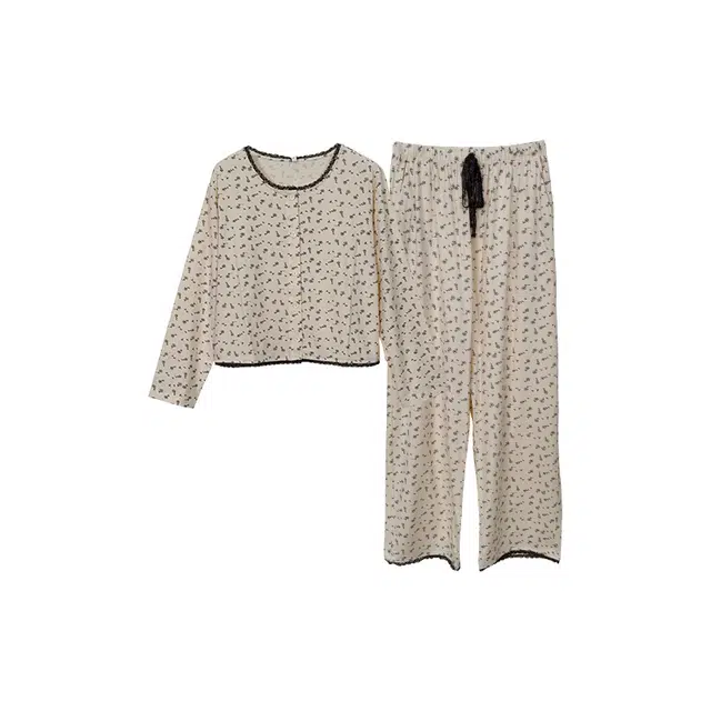 贝妍 长袖圆领常规田园少女风开衫式长裤睡衣套装 女款