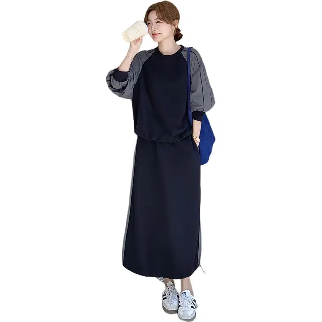 稻草人 宽松休闲撞色时尚韩版半裙上衣秋冬两件套装 女款