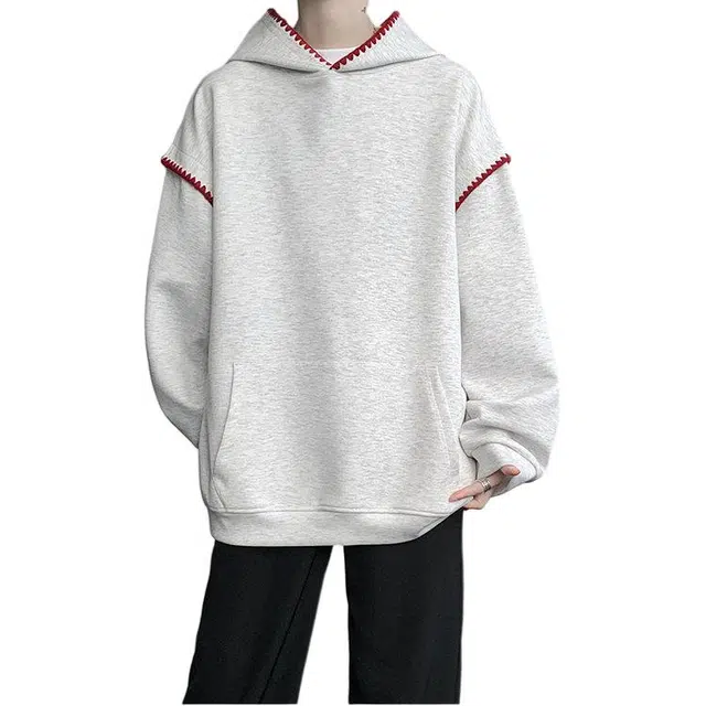 拓菲 设计感拼接绣花纯色连帽重磅男秋装港风潮牌宽松套头运动上衣外套卫衣 男女同款