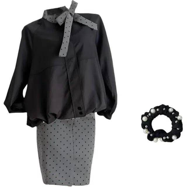 雾闪闪 时尚高级感小众套头上衣花苞蝴蝶结衬衫女+半裙休闲套装 女款