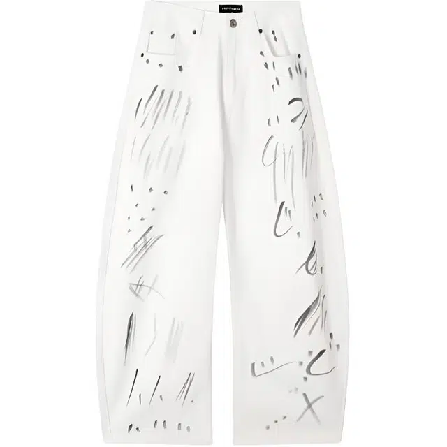 爱肯 纯色涂鸦印花撞色设计直筒宽松阔腿垂感拖地美式复古潮流痞帅时尚百搭休闲舒适亲肤日常通勤牛仔裤 男女同款