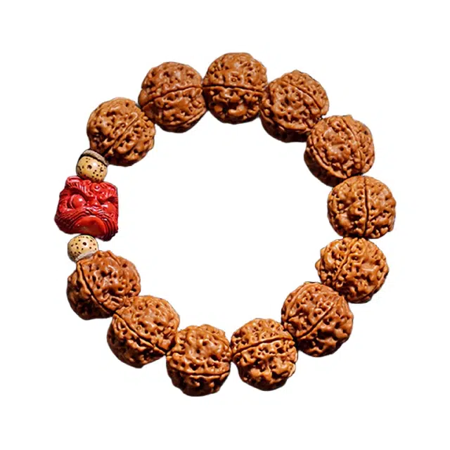 宣华意 原籽六瓣朱砂醒狮配饰 新中式潮流复古风高端盘玩文玩佛珠手饰 单圈#好运 金刚菩提 手串 男款