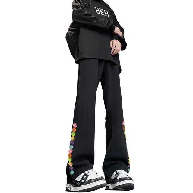 【万针刺绣系列】布客行 无性别主义重工美式复古水洗直筒基础款花卉透气高街舒适亲肤休闲百搭微喇长裤显腿长显高显瘦牛仔裤 男女同款