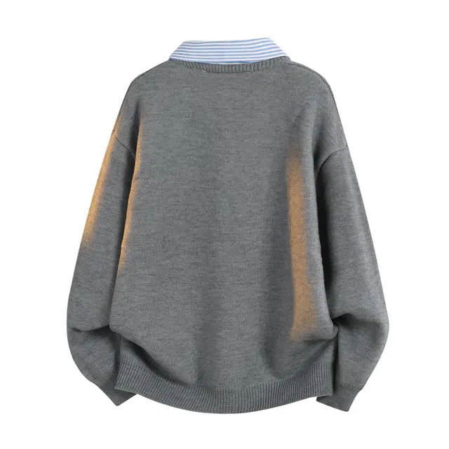 吾皇猫 美式高街潮牌学院风高级感假两件条纹设计宽松时尚痞帅百搭休闲舒适日常通勤长袖针织衫毛衣 男女同款