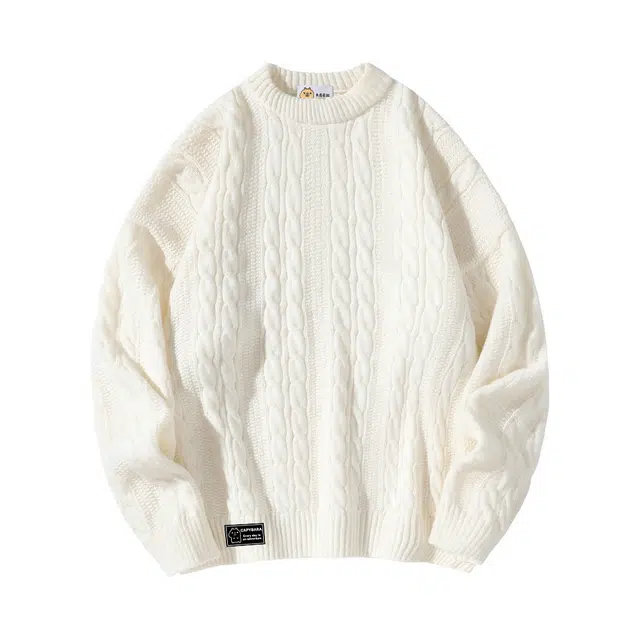 卡皮巴拉小黄豚 纯色简约复古学院风软糯慵懒感麻花纹理潮流基础品牌标百搭宽松舒适高级感情侣休闲落肩圆领保暖亲肤打底衫长袖毛衣 男女同款