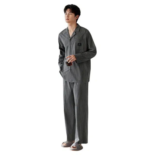 潞优野 简约舒适纯棉长袖男生条纹家居服可外穿春秋款睡衣套装 男款