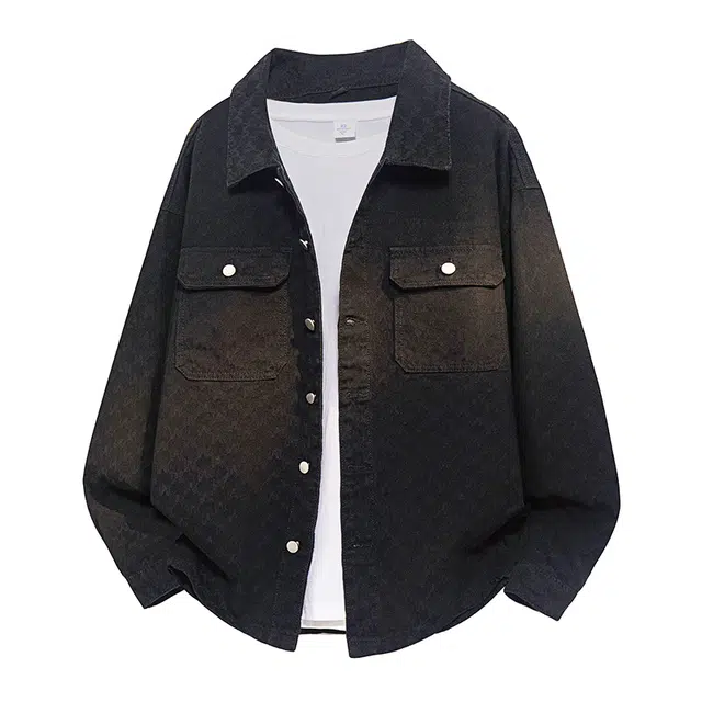 欧迪芬 美式日系复古烧花满印字母拼接口袋翻领落肩宽松潮流嘻哈做旧感水洗高级感痞帅无性别主义牛仔外套情侣夹克 男女同款